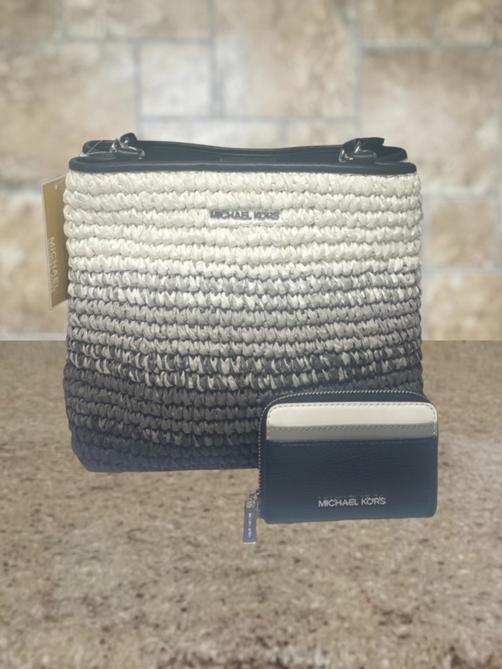 Michael Kors Pratt Black and White Woven Tote Bag & Wallet Set